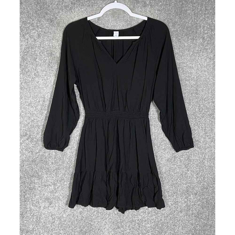 Old Navy Long Sleeve Waisted Mini Dress Womens Size Small‎ Black Rayon V-Neck